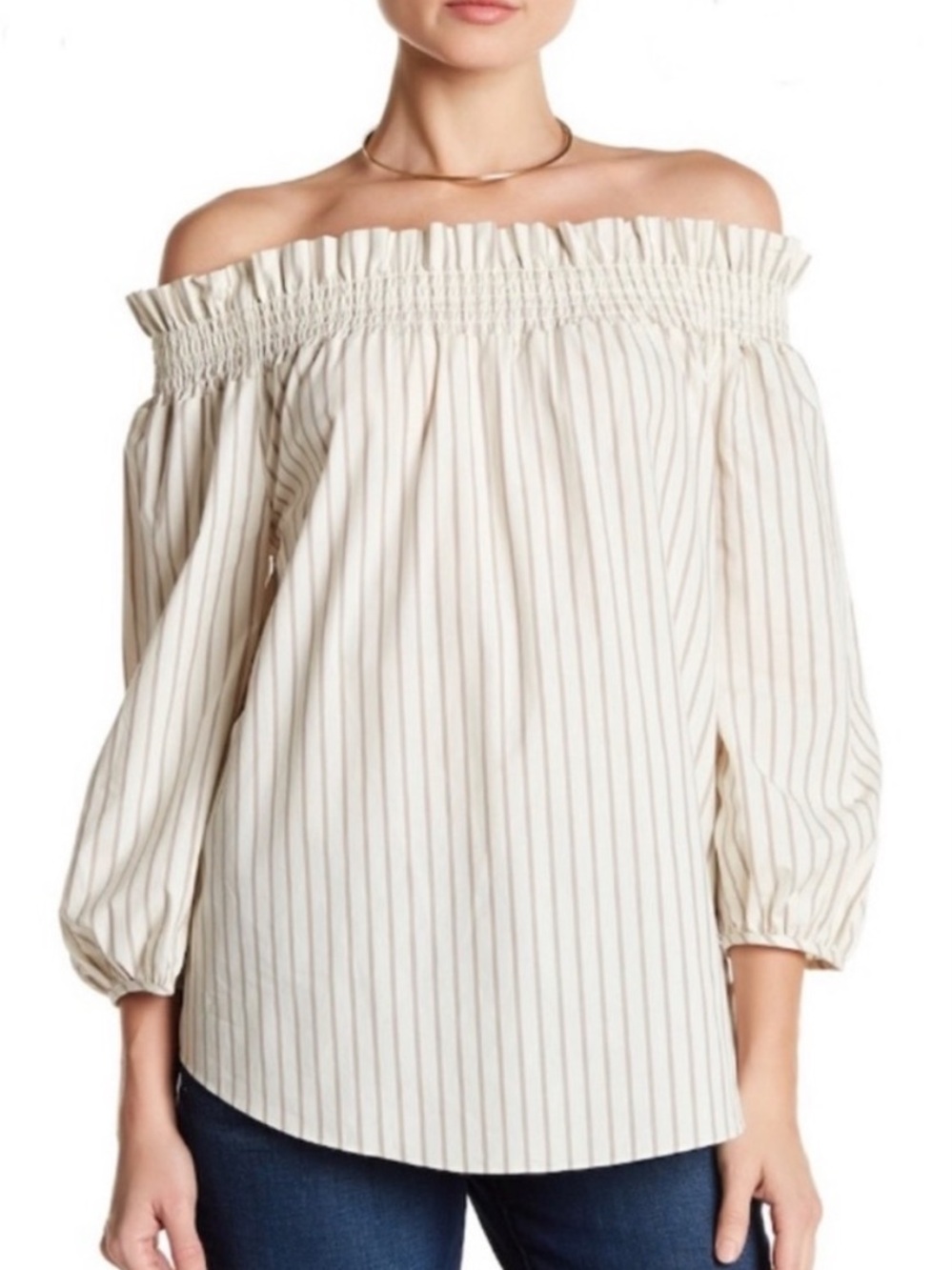 Kensie Off-Shoulder Cream Striped Tie-Sleeve Top